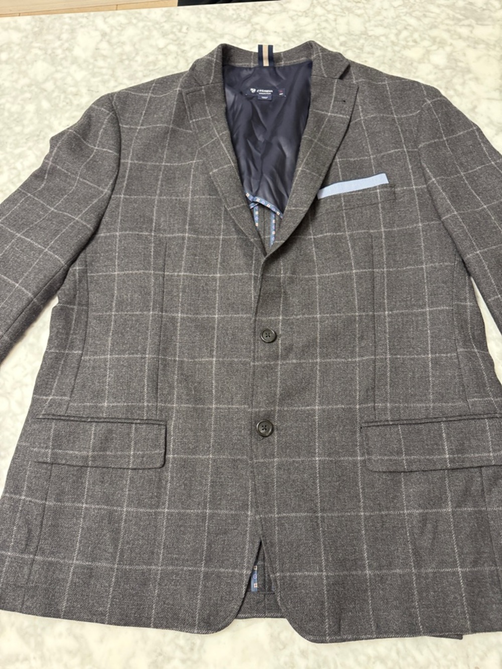 Club Room Gray Windowpane Sport Coat with Light Blue Pocket Square Accent